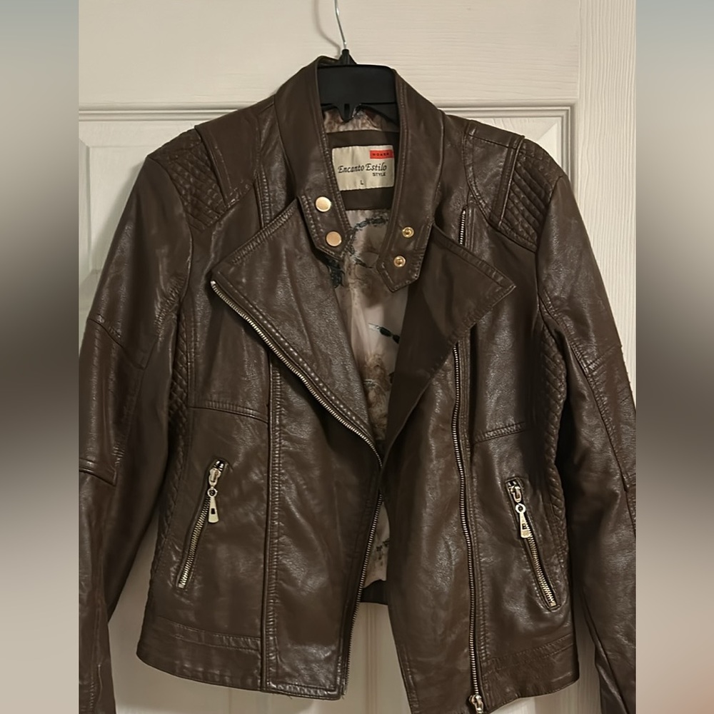 Motorcycle style vegan leather brown jacket